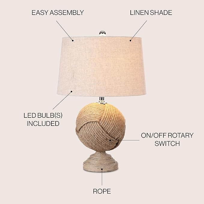 JONATHAN Y 24" Brown Monkey's Fist Knotted Rope LED Table Lamp, Coastal Farmhouse Nautical Lamp for Living Room Bedroom, Gray Linen Shade, UL Listed, LED Bulb Included JYL1005A