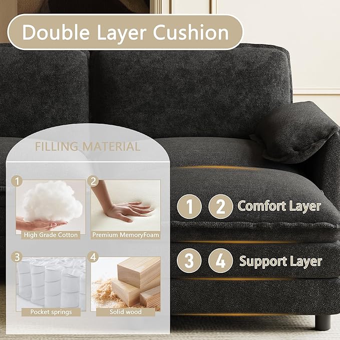 114" U Shaped Cloud Couch Sectionals Comfy Black Sectional Couches for Living Room Modern Oversized Modular Sofas with Ottoman, Fluffy Chenille Large Big 5 Seat Sofa Set