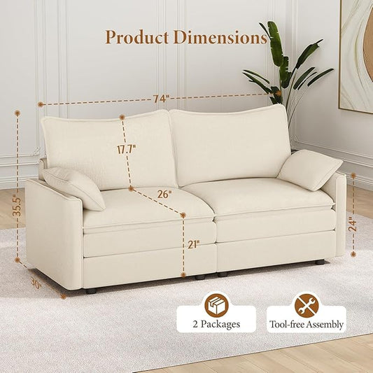 Vesgantti 74" Loveseat Sofa for Living Room, Comfy Cloud Couch Deep Seat Chenille Modern 2 Seater Small Sofa with Armrest Pillow, Easy Assembly for Small Spaces, Beige | Sink-in Comfort, Height Adjustable, Easy Rearrangement, Extra-deep Ottoman, Solid ...