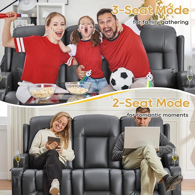 IPKIG Power Recliner Sofa with Flip-Up Backrest Console, USB & USB-C Ports, AC Outlet, LED Lights, Wall Hugger Recliners for Living Room, RV (PU Grey, 76.8" - 3 Seat) | Faux Leather, Zero Gravity, Dual Reclining, 2 Lumabr Pillow
