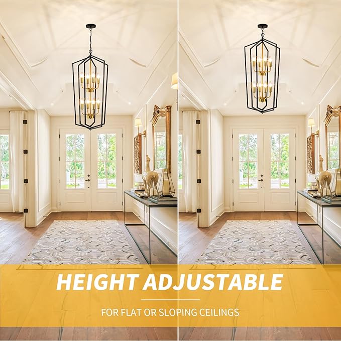WJShome 8-Light Lantern Tiered Pendant Light Fixtures, Black and Gold Farmhouse Chandelier, Foyer Chandeliers for High Ceilings, for Dining Room, Living Room, Entryway, Staircase