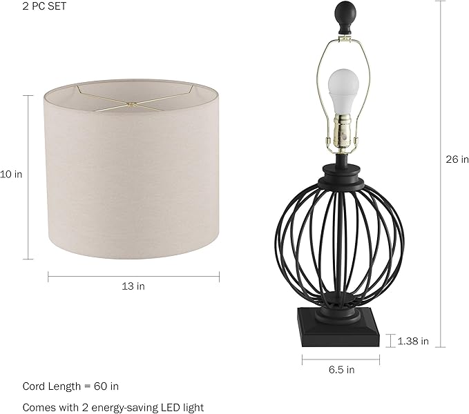 Modern Table Lamps - Set of 2 Wrought Iron Open Cage Lights with LED Bulbs - Rustic Farmhouse Style for Living Room or Bedroom by Lavish Home (Black)