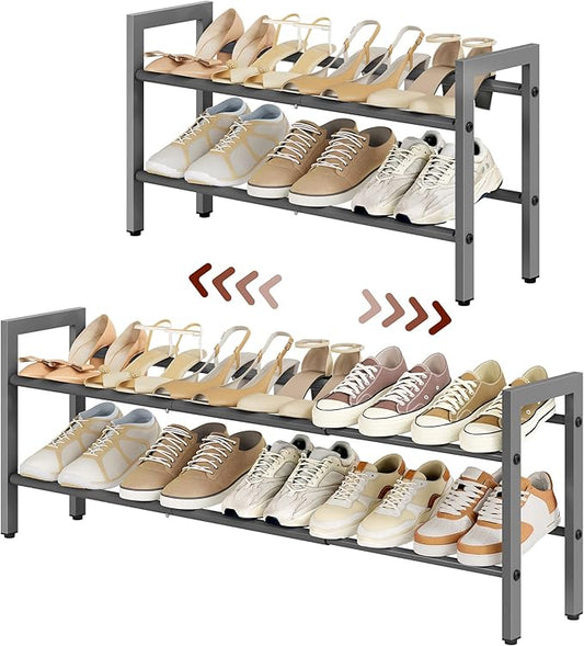 FAVOOSTY 2-Tier Expandable Shoe Rack, Adjustable Shoe Shelf Storage Organizer Space Saving Metal Free Standing Shoe Rack for Entryway Closet Doorway, Silver Grey