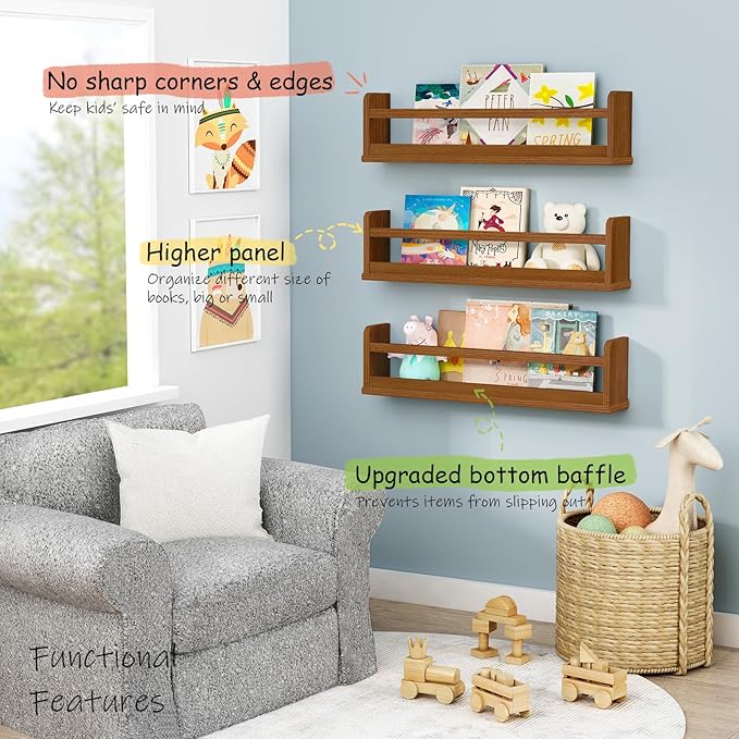 Floating Nursery Book Shelves Wall Mounted, Wooden Wall Bookshelf for Kids Room, Dark Wood Hanging Book Shelf for Baby Toddler Childrens Bedroom (24 Inch, Walnut Brown, Set of 3)