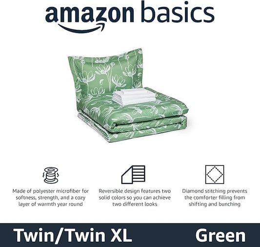 Amazon Basics Lightweight Microfiber Comforter Set, 5-Piece, Bed-in-A-Bag, Twin/Twin XL, Green Floral