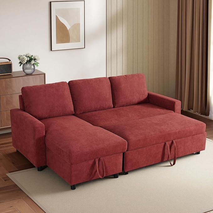 Yafylly L-Shaped Sleeper Sofa with Chaise Lounge & Storage, Pull-Out Couch Bed with Recliner, Full Size Futon for Living Room, Office, Apartment Red