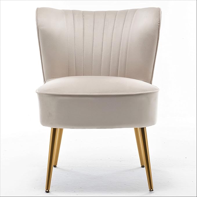 Modern Velvet Accent Chair for Living Room, Bedroom, or Entryway, Stylish and Comfortable Armless Design with Metal Legs, Ivory