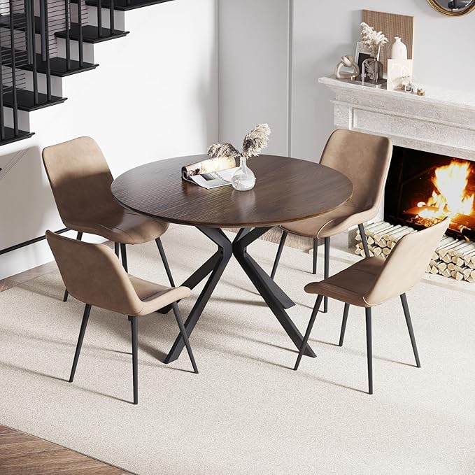 46.4" Round Dining Table Set with 4 Chairs, Modern Dining Set with Comfortable PU Leather Chairs, Sturdy MDF Table with X-Shaped Base, Easy Assembly, Ideal for Dining Room or Kitchen