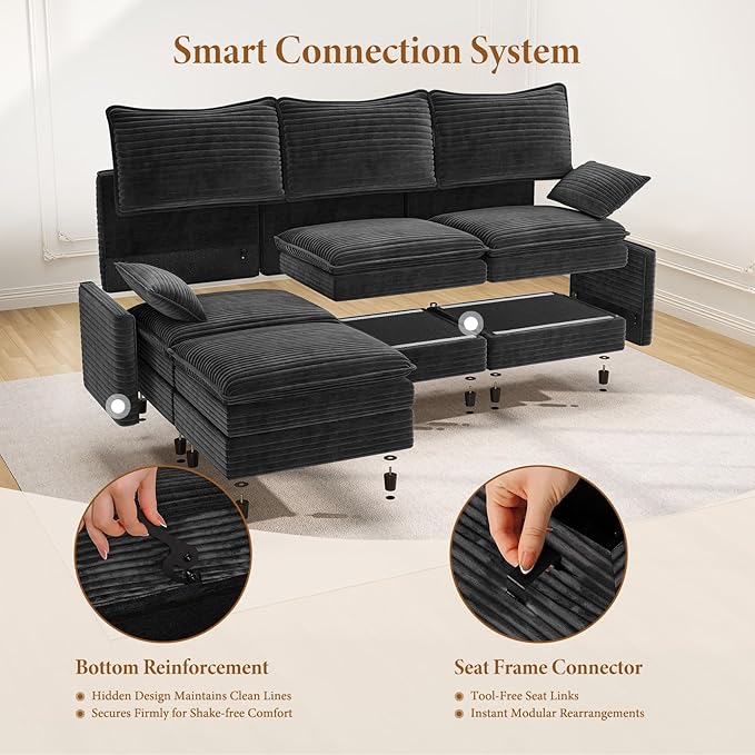 Vesgantti 108" U Shaped Sectional Couch, Comfy Cloud Modular Sectional Sofa with 2 Ottoman Deep Seat Corduroy Modern Cloud Sofa, Modular Sofas for Living Room, Bedroom and Apartment, Gray | Sink-in Comfort, Height Adjustable, Easy Rearrangement, Extra-...