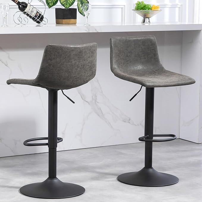 Finnhomy Bar Stools Set of 2 Counter Height, Swivel Barstools with Footrest and L Shape Back, Height Adjustable Modern Bar Chairs, Vintage Leather, Retro Grey