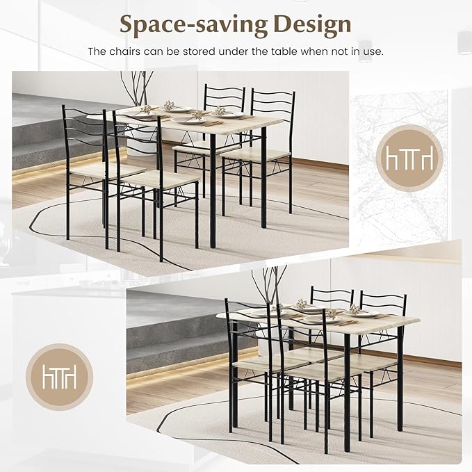 COSTWAY Kitchen Table Chairs Set of 4, 5 Piece Metal Rectangular Dinette Set w/Non-Slip Pad, Space-Saving Design, Modern Dining Room Table Set for Small Place Breakfast Nook Restaurant (Natural)