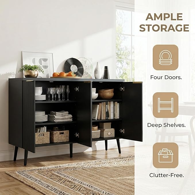 FONTOI 47.2" Wood Fluted Buffet Cabinet with 4 Doors & Storage - Multifunctional Kitchen Sideboard Credenza for Living Room & Entryway, Black