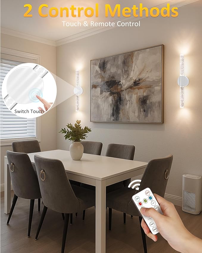 White Rechargeable Wall Sconces Set of 2, White Battery Operated Wall Sconce Set with Remote & Touch, Wireless Wall Sconces Set of Two for Bathroom Bedroom Living Room Decor
