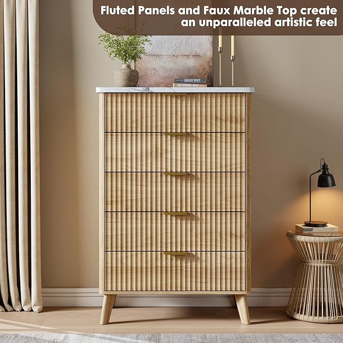 Garvee 5 Drawers Dresser for Bedroom, 47.2" Tall Dressers with Curved Profile Design, Fluted Wood Drawers with Gold Handle, Modern Chest of Dressers with Thickened Design for Living Room, Natural