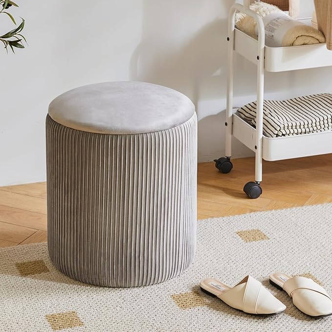 IBUYKE Round Ottoman with Storage Set of 2 Boucle Ottoman End Table for Living Room Vanity Stool Velvet Footrest Stool Bar Stool Grey UWBD005G