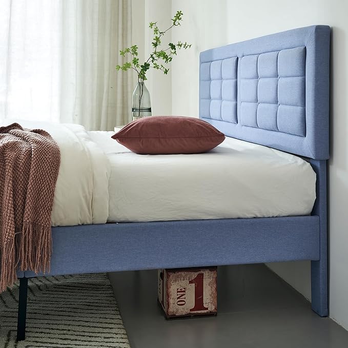 VECELO Full Size Bed Frame with Adjustable Headboard, Upholstered Button Tufted Platform Bedframe with Wood Slats Support, No Box Spring Needed, Light Blue
