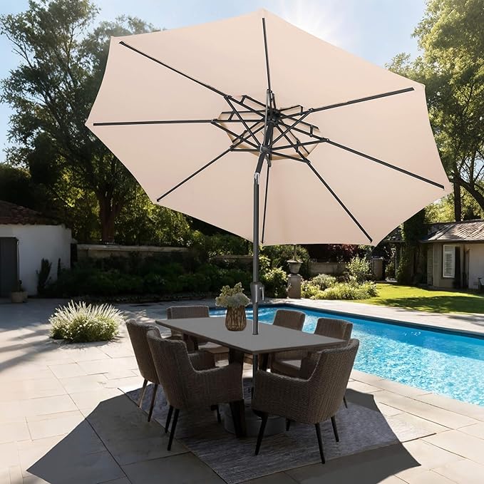 9FT Outdoor Patio Umbrella - 2 Tiers Table Umbrella Waterprool UV Protection, Sombrillas de Patio with Push Button Tilt, Sun Umbrella for Pool, Porch, Garden, Backyard (Beige)