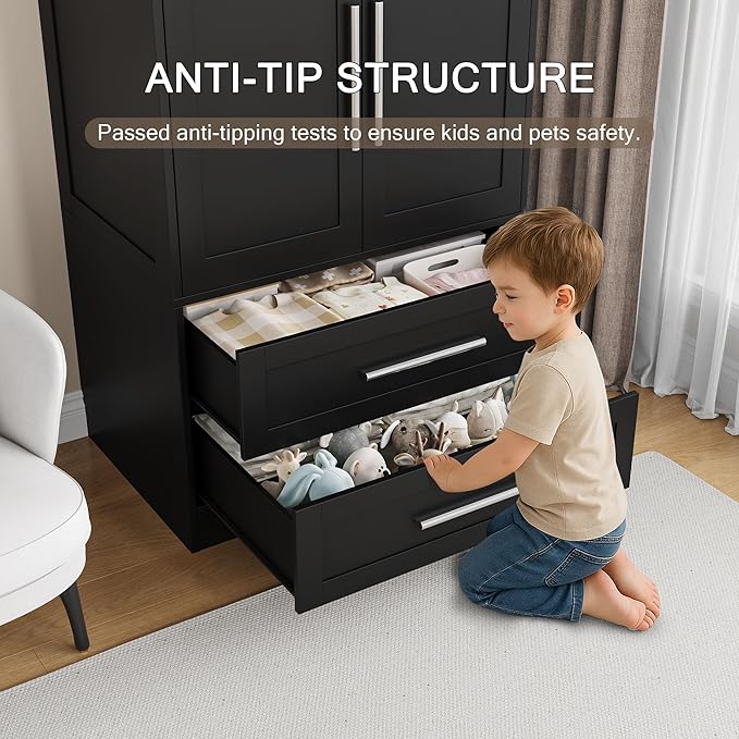 Wooden Armoire Wardrobe Closet with 2 Doors and 2 Drawers,Freestanding Armoire Storage Cabinet with Shelves,Tall Clothing Storage Cabinet Suitable for Bedroom,Black