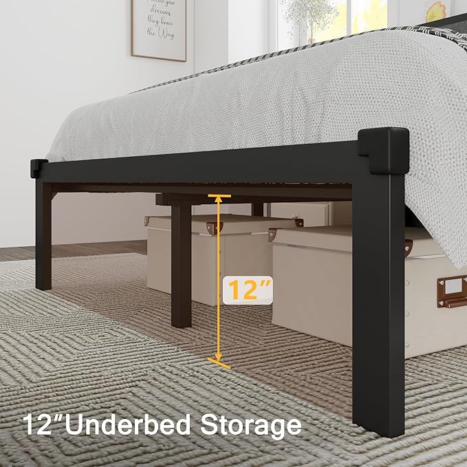 Queen Size Metal Bed Frame, Platform Bed with Faux Leather Button Tufted Headboard, 12" Underbed Storage, Steel Slats Support, No Box Spring Needed, Easy Assembly, Noise-Free, Black