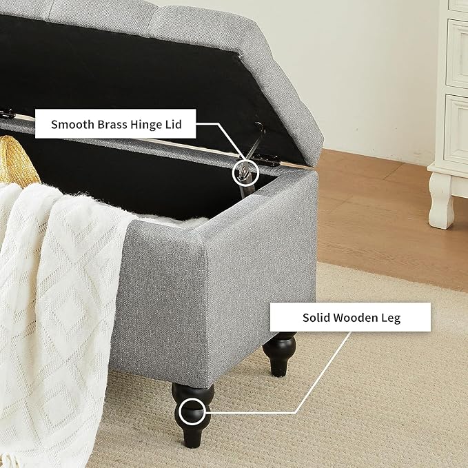 Storage Ottoman Bench 50.2 Inches, Upholstered End of Bed Ottoman Bench with Storage and Seating, Large Blanket Bench for Foot Rest in Bedroom, Living Room, Entryway (Grey)