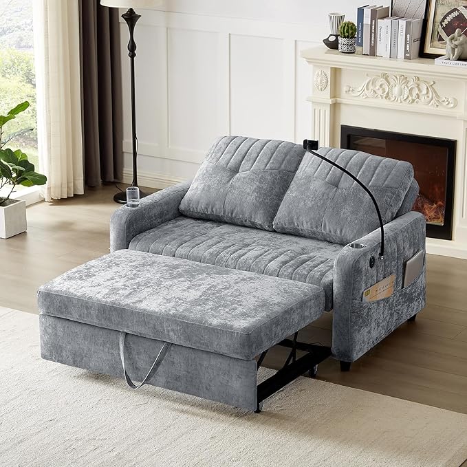 Merax Chenille 3-in-1 Pull Out Sleeper Sofa Bed Couch, 54" Convertible Futon Loveseat with Adjustable Backrest, 2 Cup Holders, Phone Stand, 3 Charging Ports and Storage Pockets for Living Room, Gray