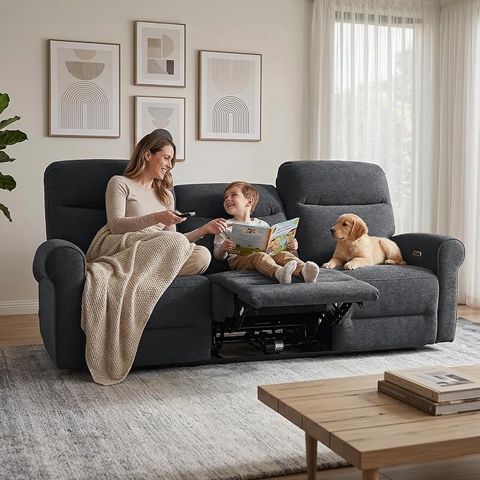 MCombo 87.8" Wall Hugger Power Reclining Sofa, 3-Seat Triple Recliner Couch with USB Ports, Rolled Arm Space Saving Recliner Sofa for Living Rooms Apartments RV, Fabric PR635M5 (Dark Grey) | 1.4" Wall Clearance