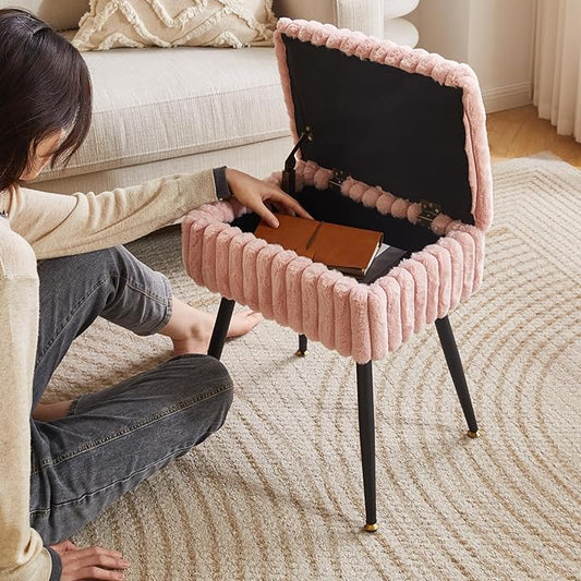 Vanity Stool Chair, Foot Stools Ottoman, Faux Fur Vanity Chair with Black Legs, Vanity Stool for Makeup, Make up Chairs for Vanity, Vanity Small Bench Seat Storage Pink YD-MS151P