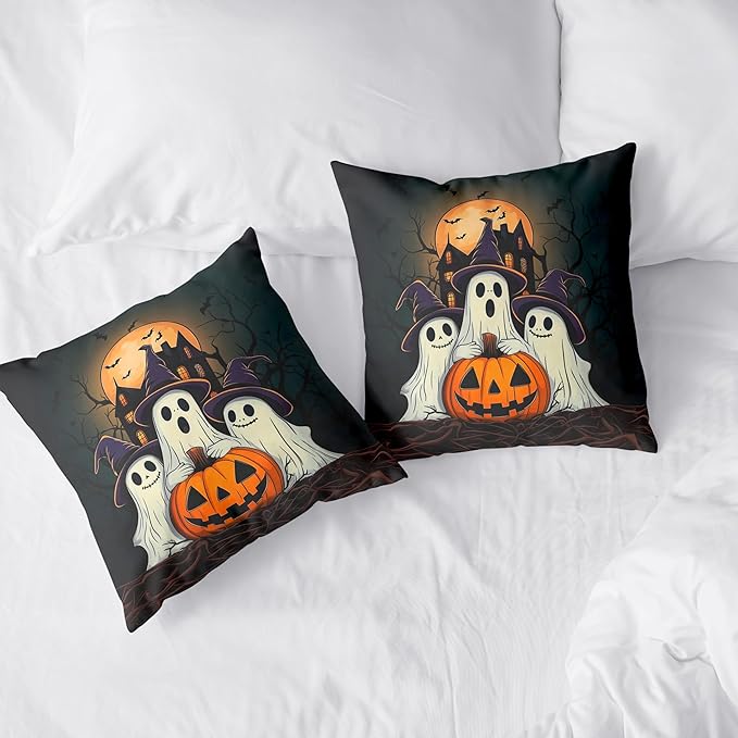 Set of 2 Halloween Pillow Covers 18x18 Ghost Throw Pillow Covers Full Moon Night Castle Bat Pillow Case Jack-O-Lantern Cushion Case for Holiday Party Decor Couch Sofa