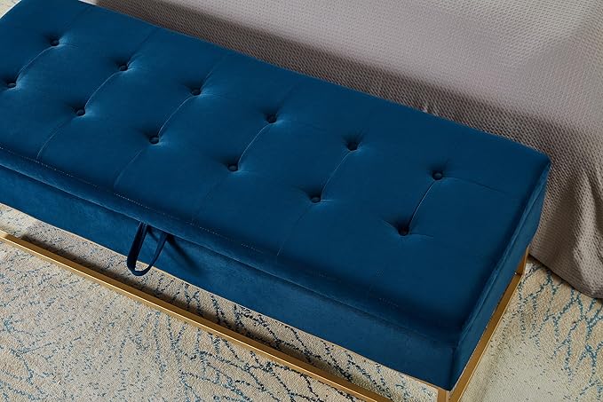 Ball & Cast 58.6" Velvet Storage Ottoman Bench, End of Bed Bench with Safety Hinge and Golden Metal Legs,Morden Entryway Bench,Foot Stool with Button Tufted Cushion for Bedroom,Living Room,Navy Blue