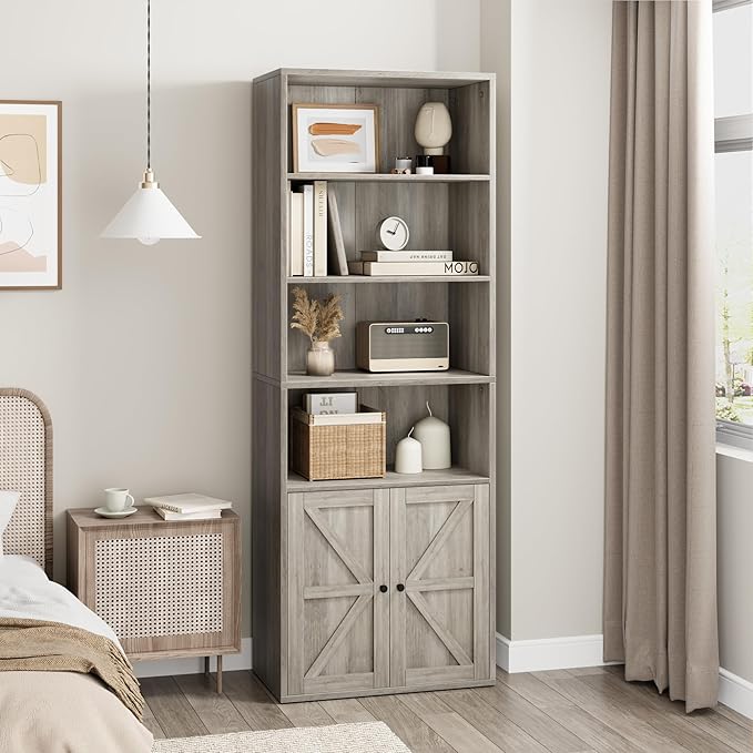 CABIHOME Farmhouse Bookcase with Doors 71.4in Tall Bookshelf 11.8in Depth Display Storage Shelves Industrial Bookcases Wooden 6 Shelf Bookshelves for Bedroom, Living Room, Home Office