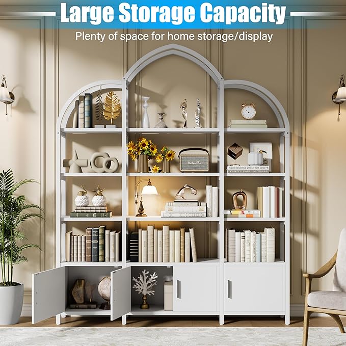 Tall Arched Bookshelf and Bookcase with 3 Cabinets, Triple Wide 5 Tier Industrial Etagere Open Bookshelf, Wood Book Shelf for Bedroom Living Room (White)