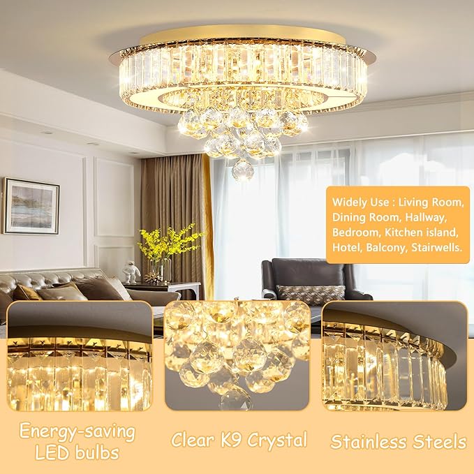 19.6'' Gold Modern Crystal Chandeliers for Dining Room LED Dimmable Light Fixtures Flush Mount Light Living Room Bedrooms