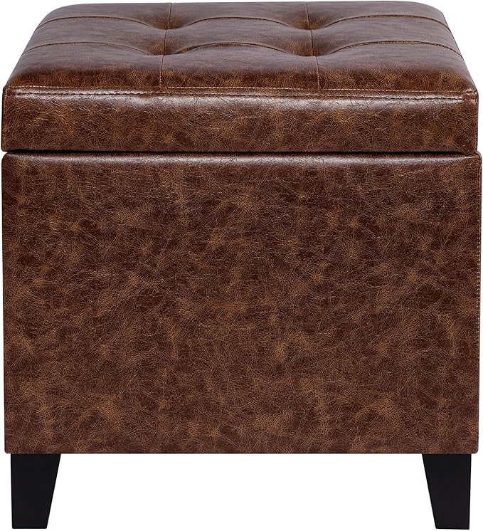 Adeco 18" Faux Leather Storage Ottoman with Hinged Lid, Mid-Century Modern Foot Rest Stool with Solid Wood Legs, Small Coffee Table & Shoe Bench for Living Room, Bedroom, Brown