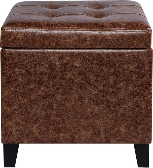 Adeco 18" Faux Leather Storage Ottoman with Hinged Lid, Mid-Century Modern Foot Rest Stool with Solid Wood Legs, Small Coffee Table & Shoe Bench for Living Room, Bedroom, Brown