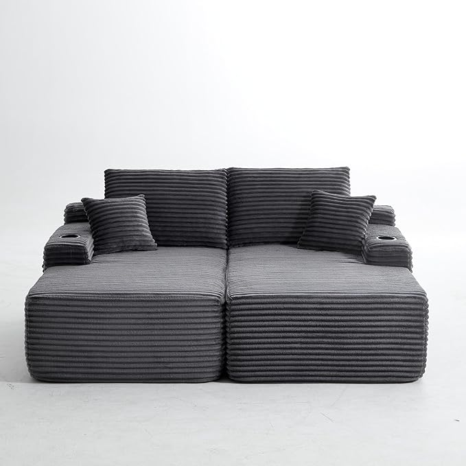 69-Inch Fluffy Corduroy Boneless Sleeper Daybed Loveseat Double Recliner Chaise Lounge Sofa Couches, Floor Cloud Sofa Chaise W/4 Pillows for Home Apartment Living Room
