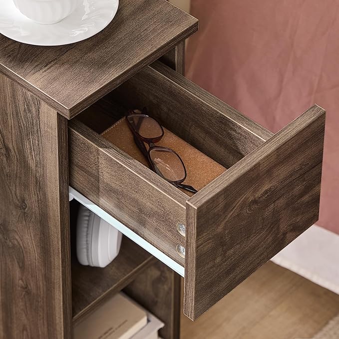 SoBuy Narrow Nightstand Slim Bedside Table with Drawer and Open Shelf, Skinny Modern Nightstand for Bedroom, Compact Side Table for Tight Corners and Small Spaces, Brown FBT111-SN