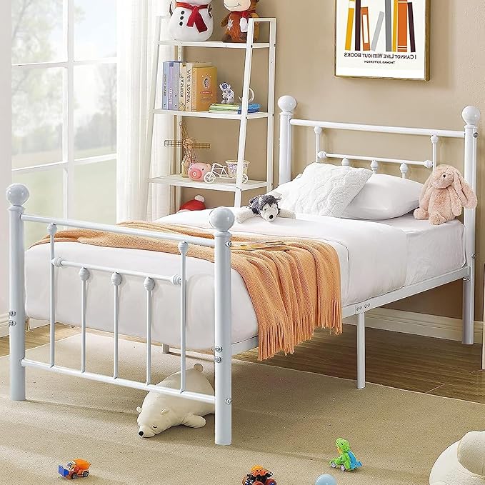 VECELO Twin Size Metal Platform Bed Frame with Headboard and Footboard, Heavy Duty Slat Support/No Box Spring Needed Mattress Foundation/Underbed Storage Space, Victorian Style