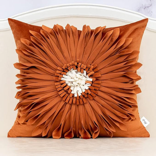 Alerfa 3D Flower Handmade Throw Pillow Cover Decorative Orange Velvet Pillowcase Cushion Cover with Hidden Zipper for Couch Bed Living Room Home Decor 18 x 18 Inches