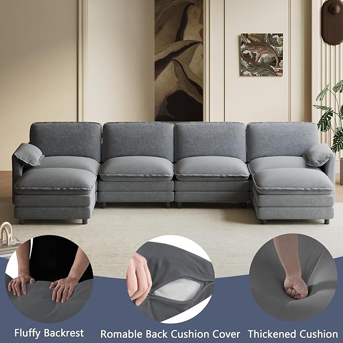 150" U Shaped Cloud Couch Sectionals Comfy Grey Sectional Couches for Living Room Modern Fluffy Oversized Modular Sofas, Chenille Large Big 6 Seat Sofa Set