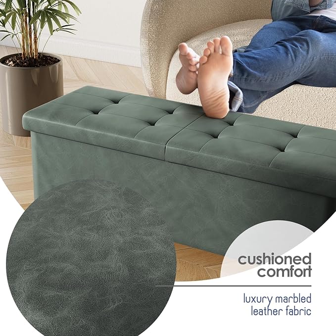 Storage Ottoman Bench with Bins, 43-in Storage Bench for Bedroom End of Bed, Folding Foot Rest Ottoman for Living Room Max 660lbs, Leather Ottomans, Green