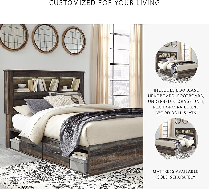 Signature Design by Ashley Drystan Rustic Queen Bookcase Bed with 2 Storage Drawers, Open Cubbies and LED Light, Foundation or Box Spring Not Needed, Dark Brown & Gray