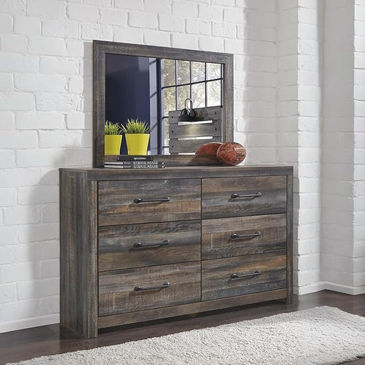 Signature Design by Ashley Drystan Rustic Smooth-Gliding 6-Drawer Dresser and Mirror with Safety Stop, Gray & Dark Brown