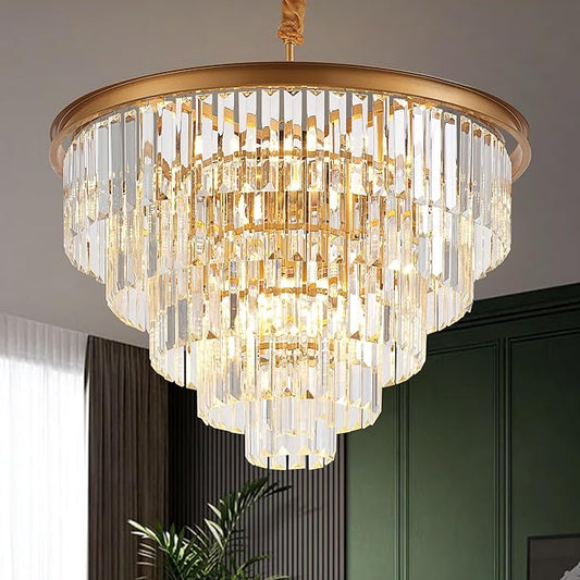 23.23" Gold Crystal Chandelier 12-Light Modern Crystal Pendant Ceiling Light Fixture 5-Tier Luxury K9 Crystal Chandeliers,for Dining Room Kitchen Island Living Room Bedroom