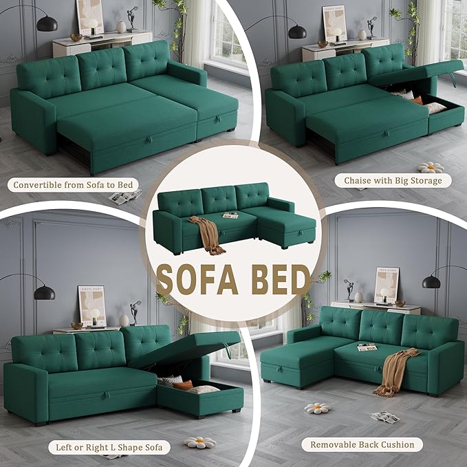 82" L-Shape Convertible Sleeper Sectional Sofa with Storage Chaise and Pull-Out Bed,Modular Corner Couch Lounge,w/Removable 3 Back Cushions and Armrest,for Home Furniture,Green