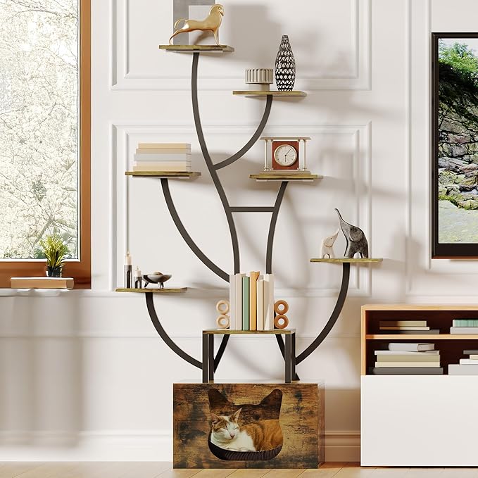 YITAHOME Tall Bookshelf with LED Light, Artistically Designed Tree Bookshelf with Cats Litter Box, 8-Tier Unique Bookshelves Corner Display Shelf for Home Office, Bedroom