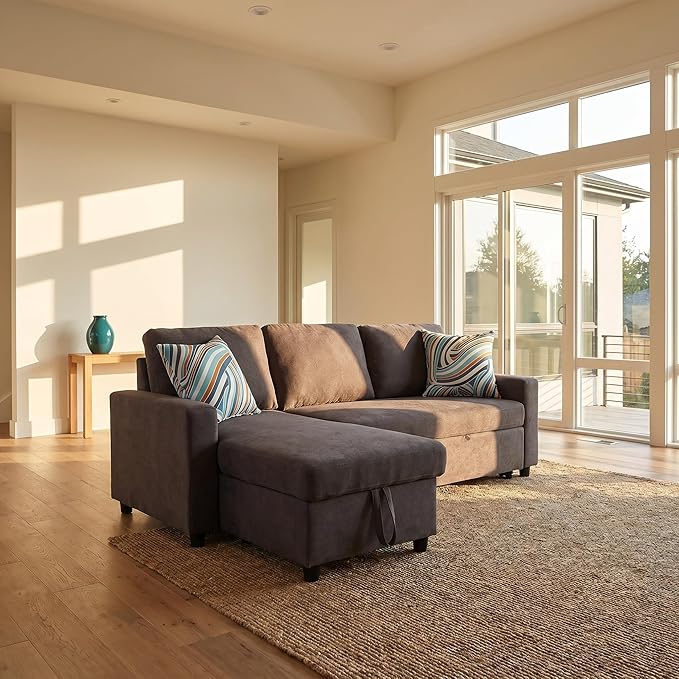 Pull Out Couch, L Shaped Sectional Couch with Pull Out Bed, Convertible Sofa Bed with Storage Chaise, Queen Size Sleeper Sofa, Sofa Bed Couch, Sleeper Sofa with Storage, Dark Brown
