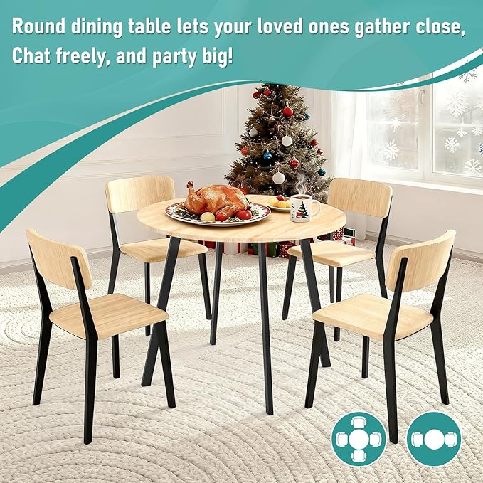 Karl home 35.4in Small Dining Table, Round Dining Table with Wood Finish Steel Legs, Circle Dinner Tables for Small Space, Apartment, Office, Kitchen, for 2 to 4 Person-Natural