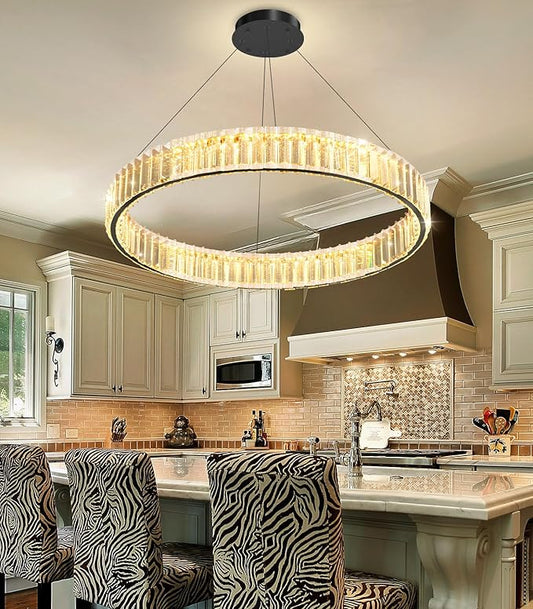 24'' Modern Ring Chandelier Crystal Chandeliers for Dining Room Round LED Dimmable Ceiling Light Fixture for Living Room Bedroom Lighting Black