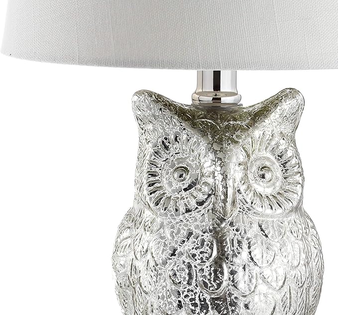 JONATHAN Y 19" Silver/Ivory Owl Glass Table Lamp with Crystal Base, Contemporary Woodland Bedside Lamp for Living Room, White Linen Drum Shade, LED Bulb Included JYL4010A