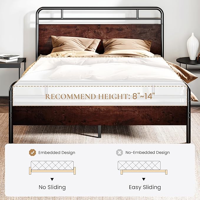 SHA CERLIN Full Size Bed Frame with Wooden Headboard and Footboard, Rounded Corner Metal Structure, Heavy Duty Slats with Under-Bed Storage, No Box Spring Needed, Mahogany